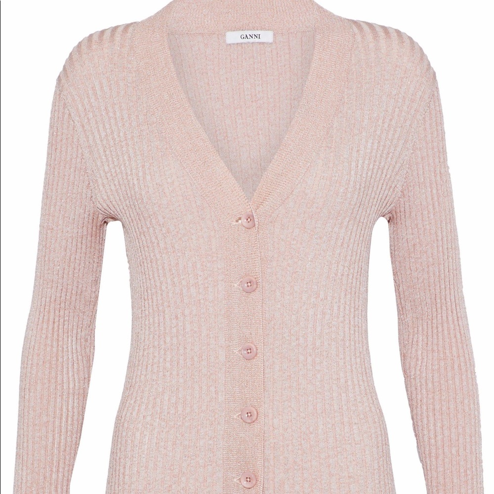 Ganni Metallic Pink Ribbed Knit Cardigan